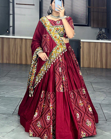 maroon rayon cotton patola bandhani print chaniya choli