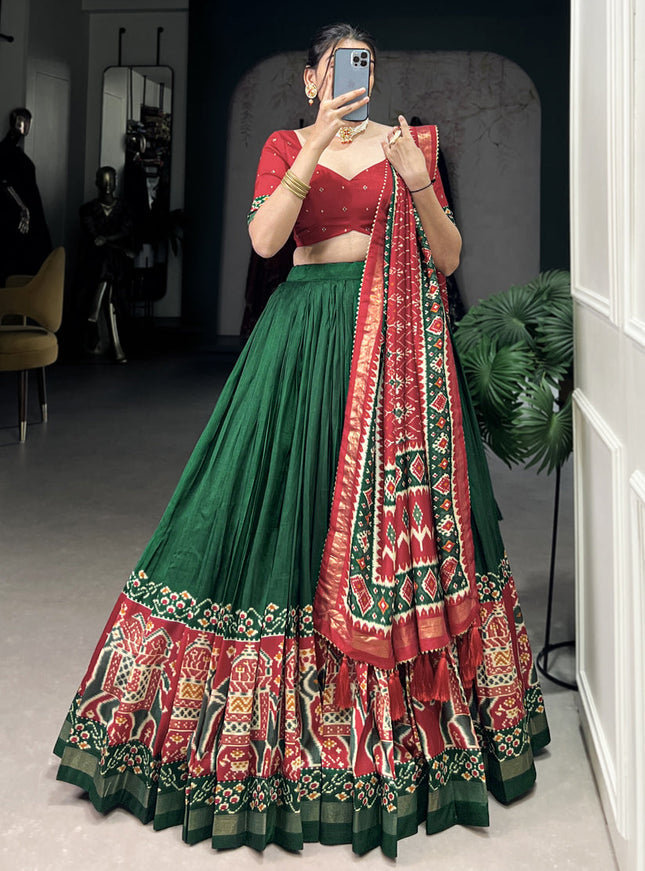 green tussar silk patola printed navratri special chaniya choli