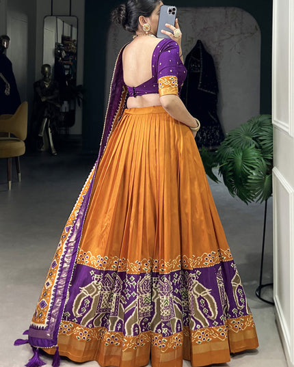 mustard yellow tussar silk patola printed navratri special chaniya choli