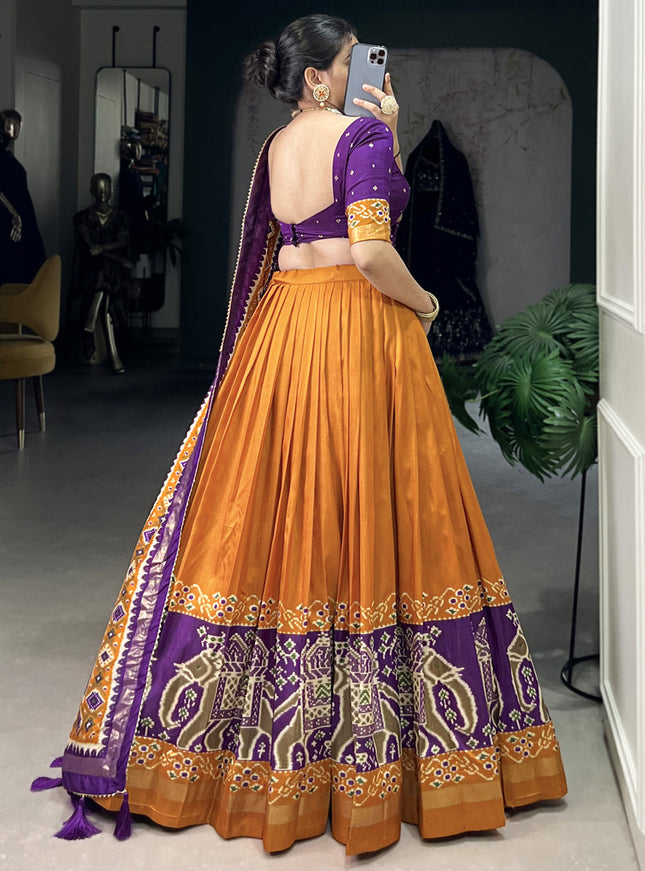 mustard yellow tussar silk patola printed navratri special chaniya choli