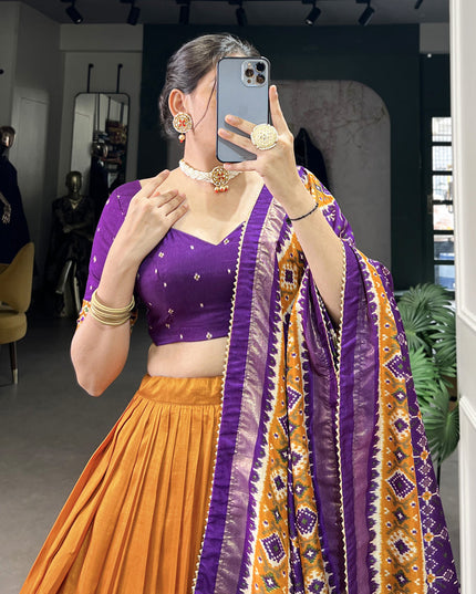 mustard yellow tussar silk patola printed navratri special chaniya choli