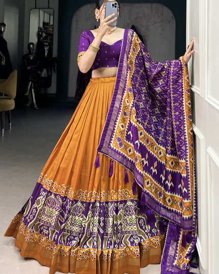 mustard yellow tussar silk patola printed navratri special chaniya choli