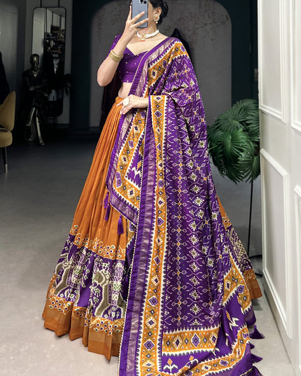 mustard yellow tussar silk patola printed navratri special chaniya choli