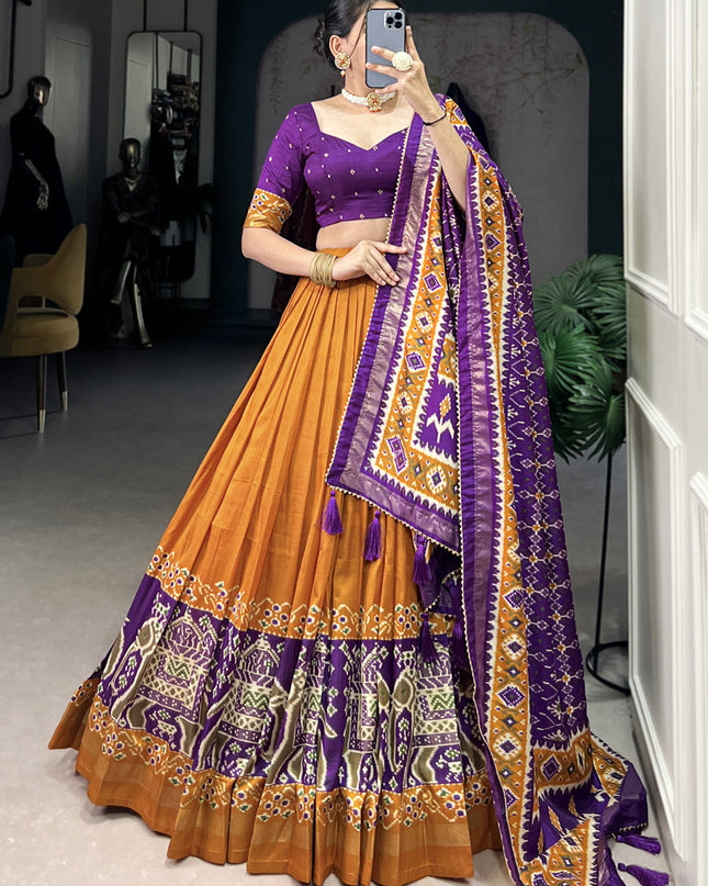 mustard yellow tussar silk patola printed navratri special chaniya choli