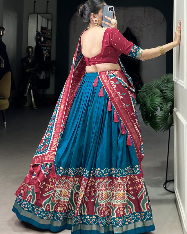 teal blue tussar silk patola printed navratri special chaniya choli