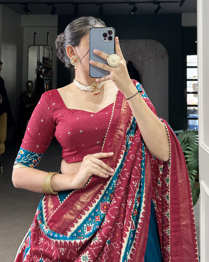 teal blue tussar silk patola printed navratri special chaniya choli