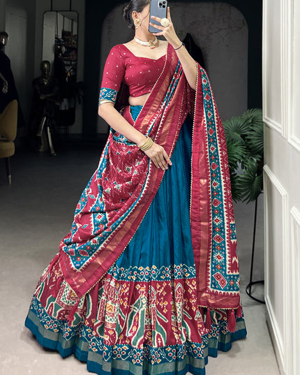 teal blue tussar silk patola printed navratri special chaniya choli