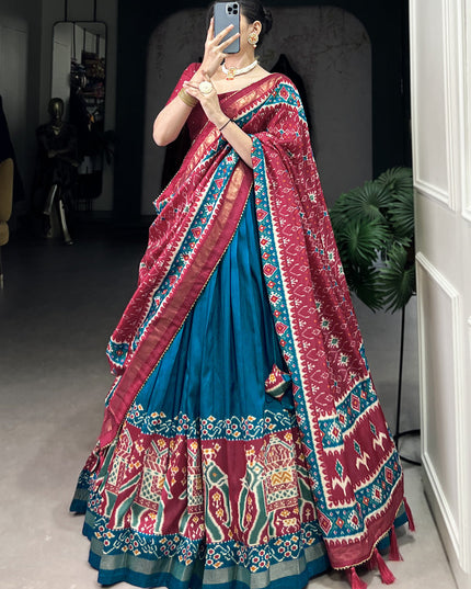 teal blue tussar silk patola printed navratri special chaniya choli