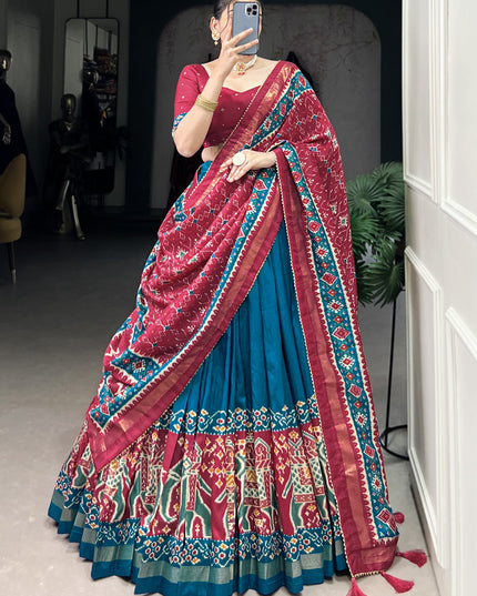 teal blue tussar silk patola printed navratri special chaniya choli