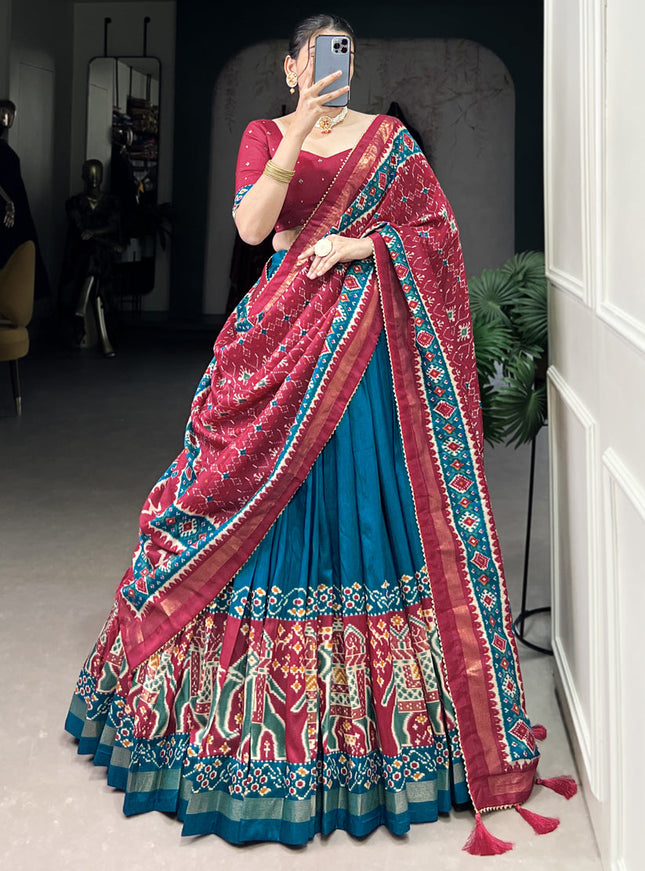 teal blue tussar silk patola printed navratri special chaniya choli