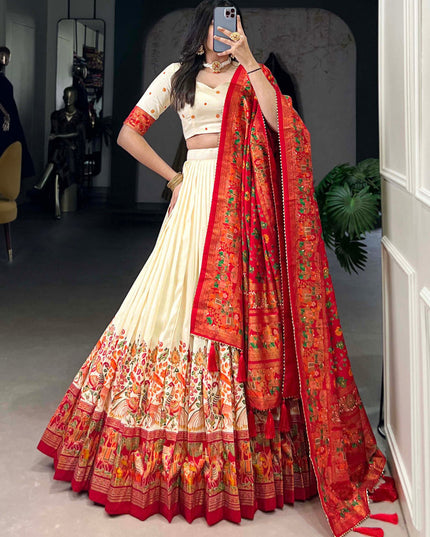 white red tussar silk printed navratri special chaniya choli