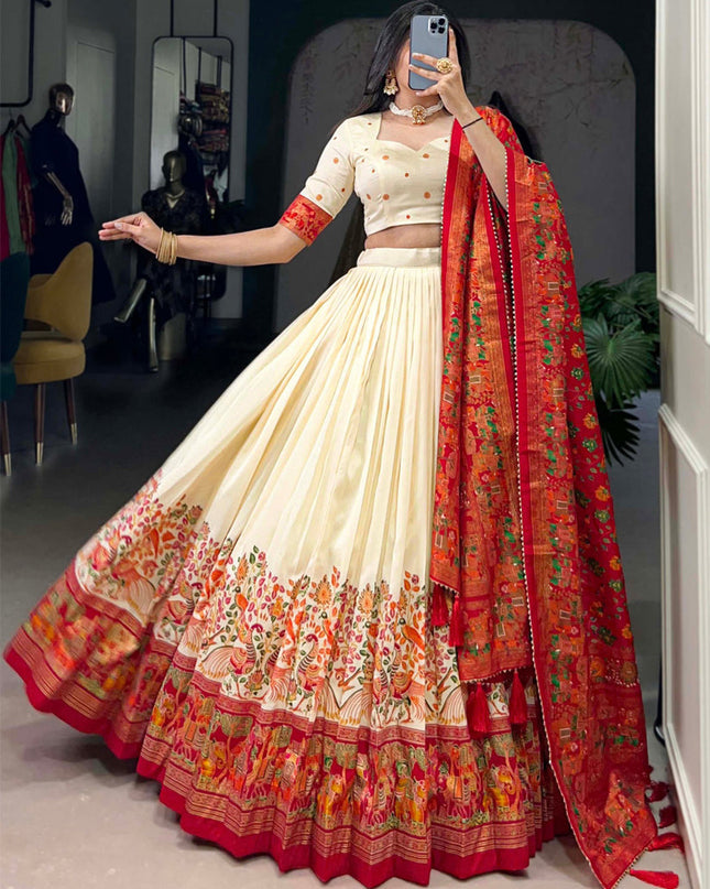 white red tussar silk printed navratri special chaniya choli