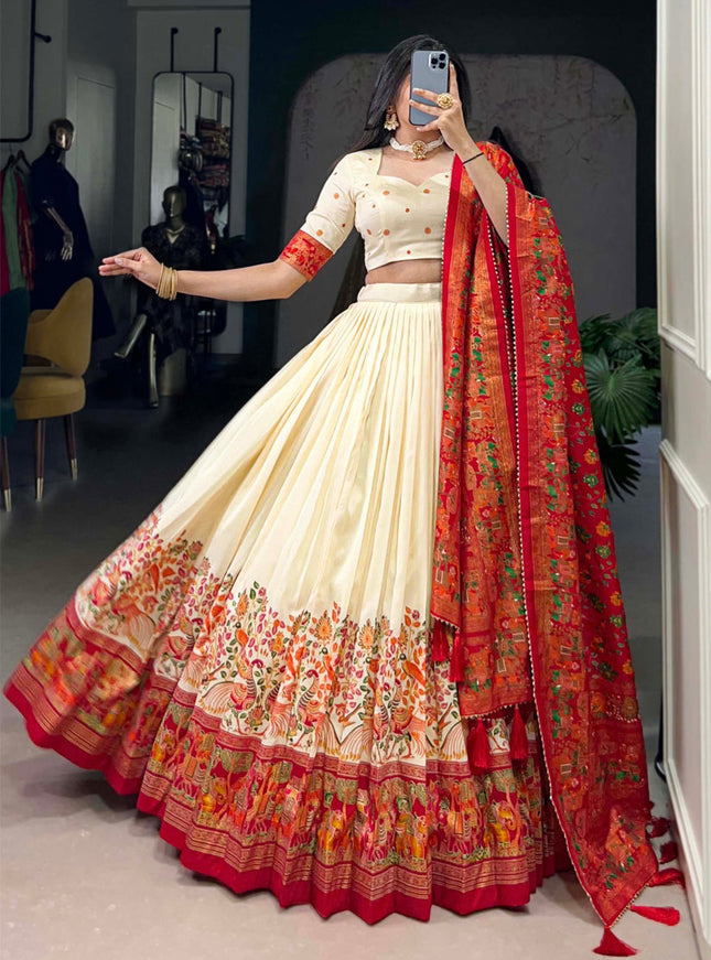 white red tussar silk printed navratri special chaniya choli