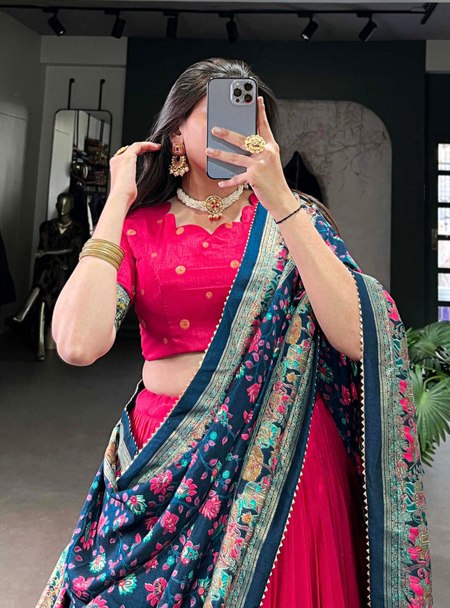 pink tussar silk printed navratri special chaniya choli