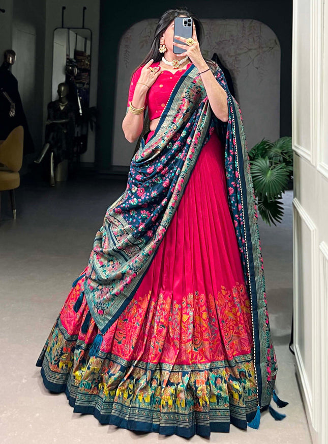 pink tussar silk printed navratri special chaniya choli