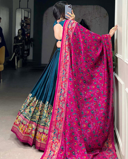 teal blue tussar silk printed navratri special chaniya choli