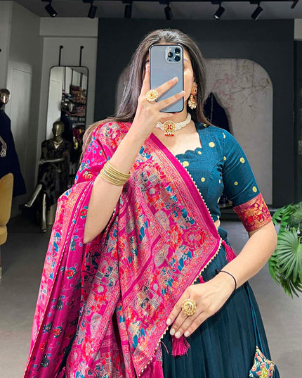 teal blue tussar silk printed navratri special chaniya choli