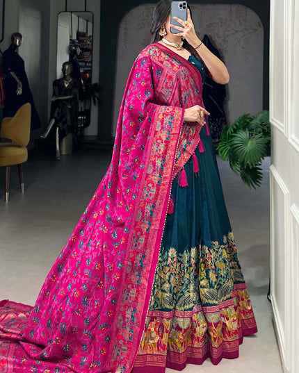 teal blue tussar silk printed navratri special chaniya choli