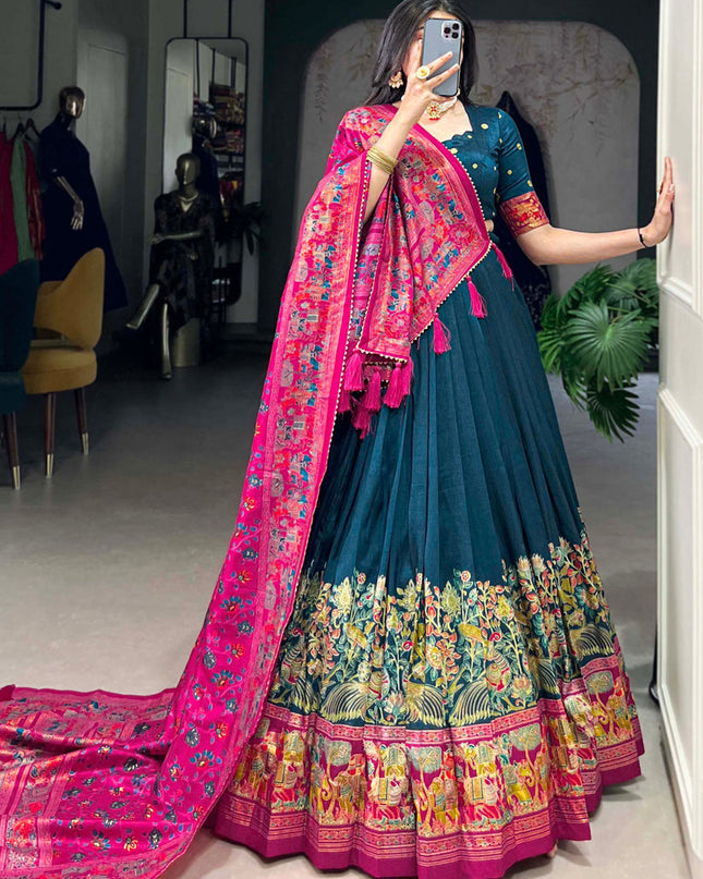 teal blue tussar silk printed navratri special chaniya choli