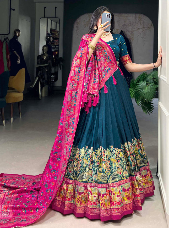 teal blue tussar silk printed navratri special chaniya choli