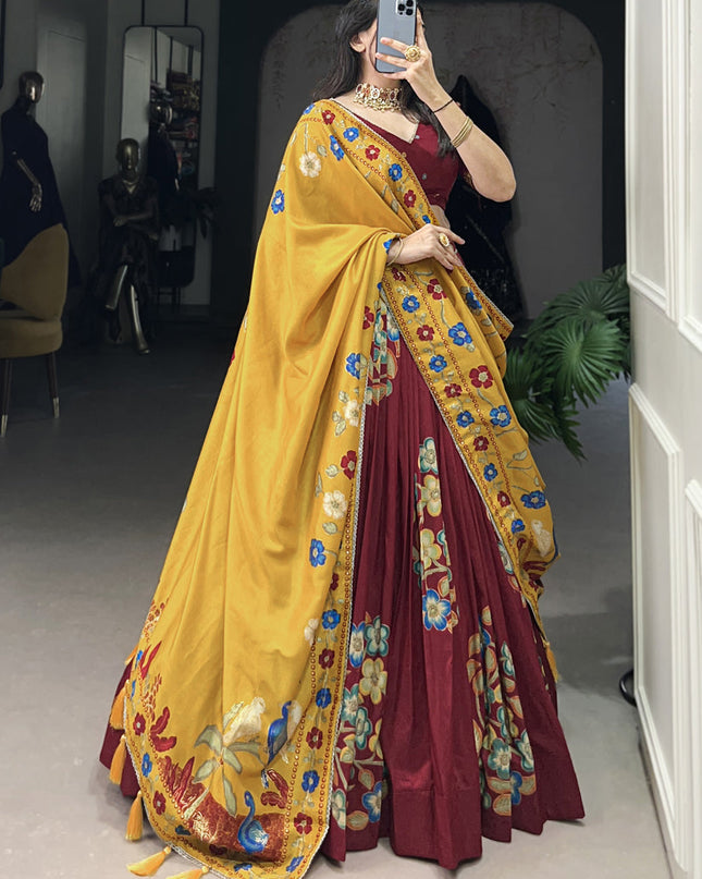 maroon tussar silk printed navratri special chaniya choli