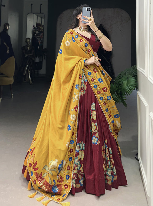 maroon tussar silk printed navratri special chaniya choli