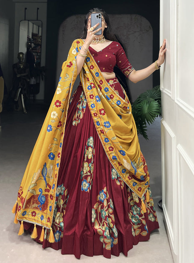 maroon tussar silk printed navratri special chaniya choli