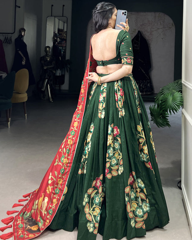 green tussar silk printed navratri special chaniya choli