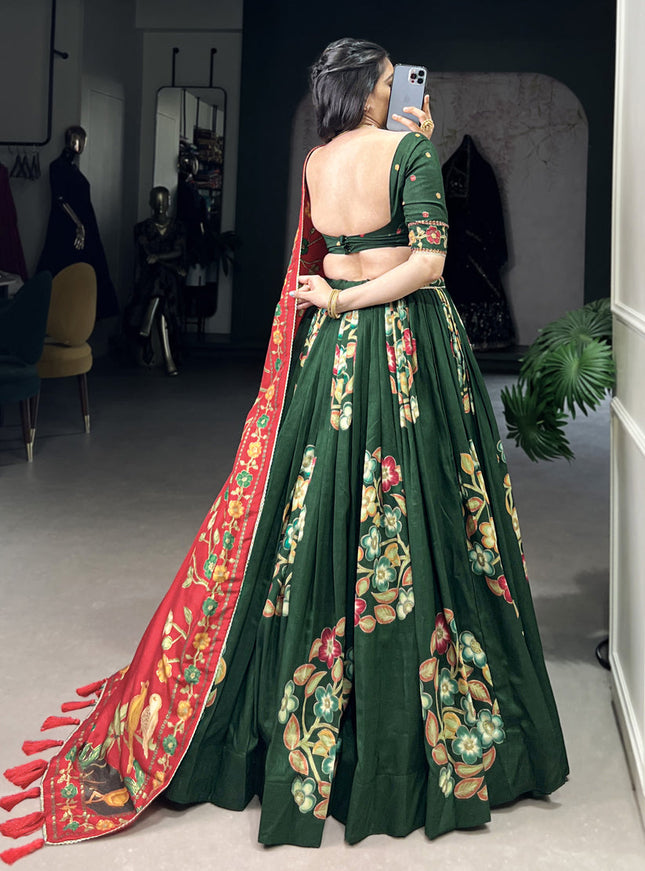 green tussar silk printed navratri special chaniya choli