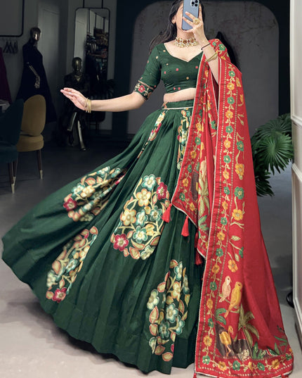 green tussar silk printed navratri special chaniya choli