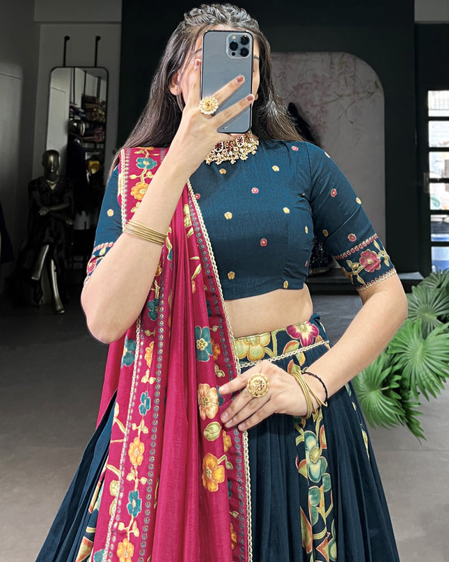 teal blue tussar silk printed navratri special chaniya choli