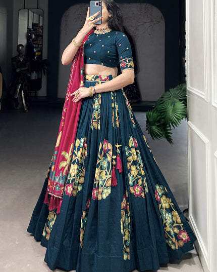 teal blue tussar silk printed navratri special chaniya choli