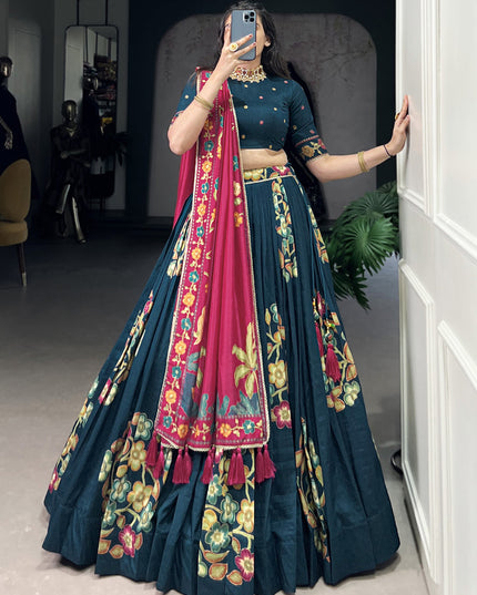 teal blue tussar silk printed navratri special chaniya choli