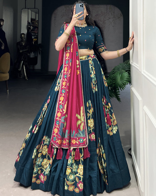 teal blue tussar silk printed navratri special chaniya choli