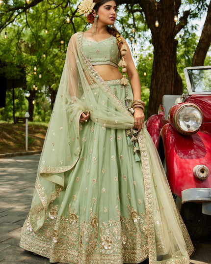 Pistachio Green Faux Chiffon Embroidered Designer Lehenga Choli
