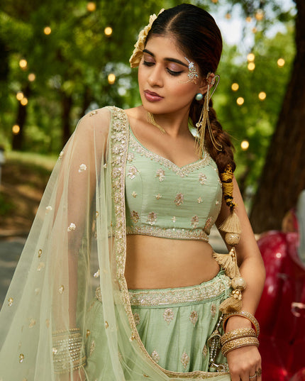 Pistachio Green Faux Chiffon Embroidered Designer Lehenga Choli
