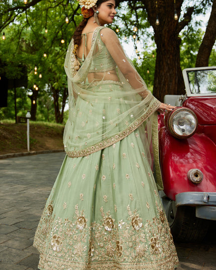 Pistachio Green Faux Chiffon Embroidered Designer Lehenga Choli