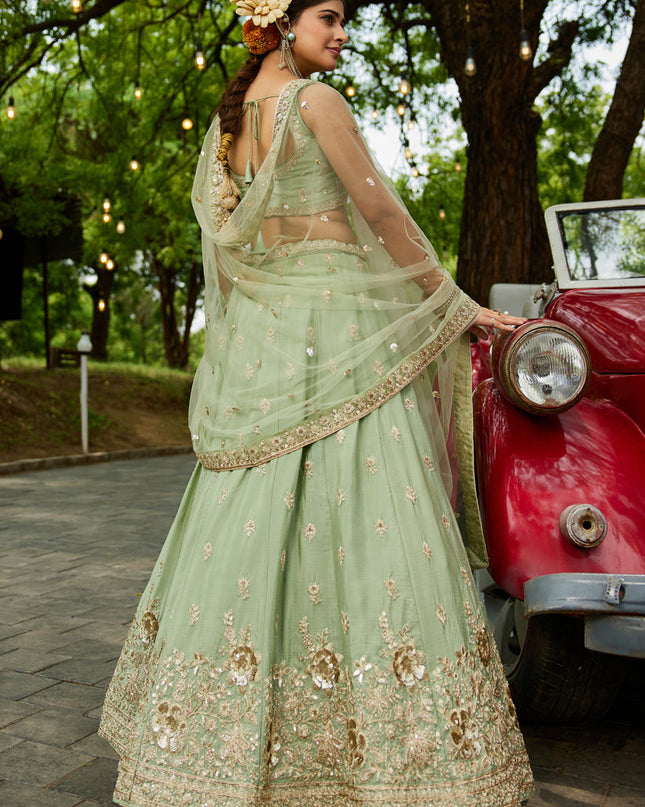 Pistachio Green Faux Chiffon Embroidered Designer Lehenga Choli