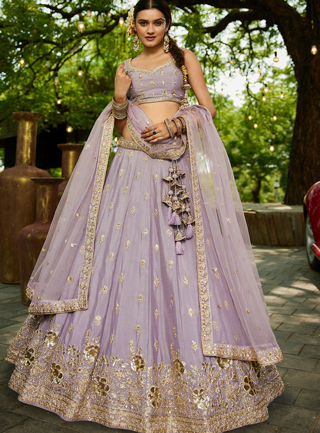 Mauve Faux Chiffon Embroidered Designer Lehenga Choli