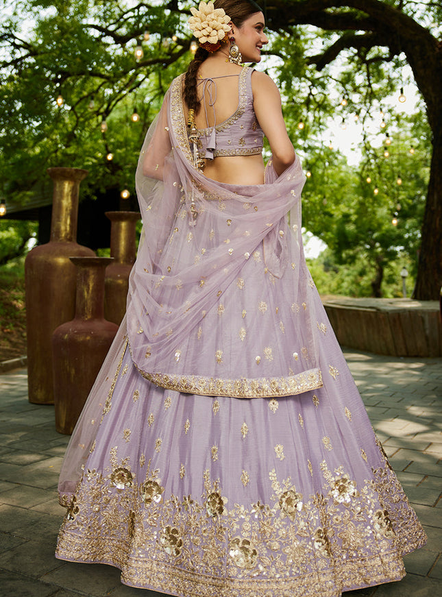 Mauve Faux Chiffon Embroidered Designer Lehenga Choli