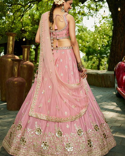 Rose Pink Faux Chiffon Embroidered Designer Lehenga Choli