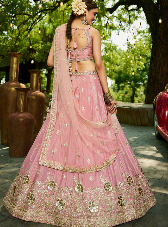 Rose Pink Faux Chiffon Embroidered Designer Lehenga Choli