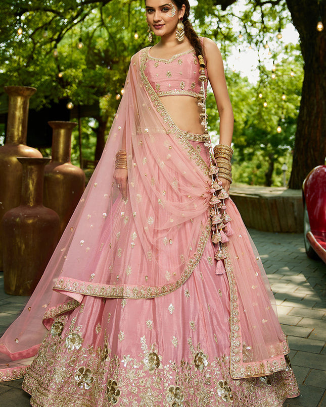 Rose Pink Faux Chiffon Embroidered Designer Lehenga Choli