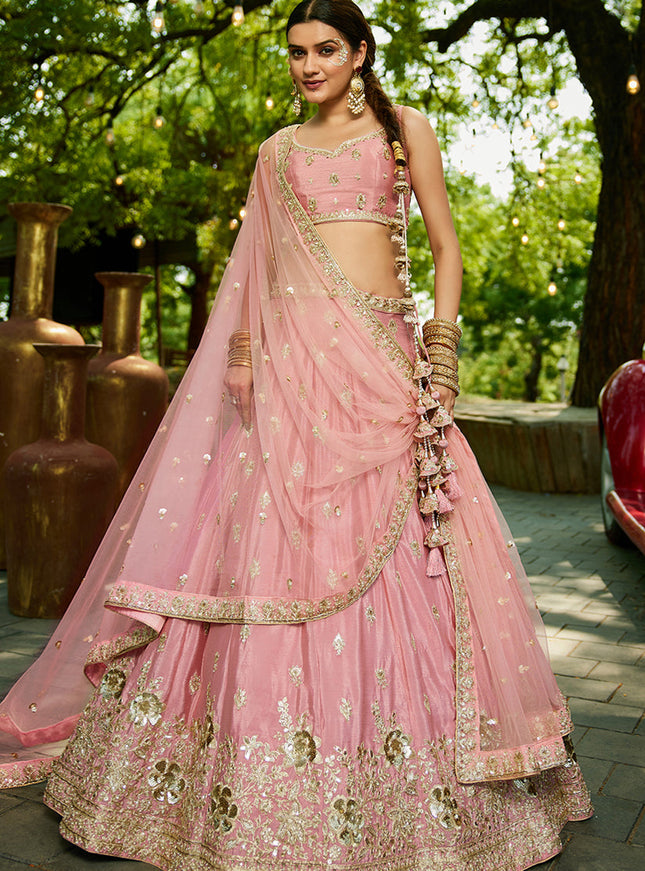 Rose Pink Faux Chiffon Embroidered Designer Lehenga Choli