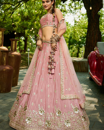 Rose Pink Faux Chiffon Embroidered Designer Lehenga Choli