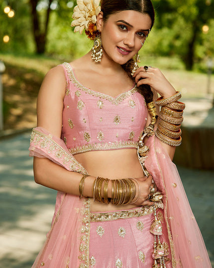 Rose Pink Faux Chiffon Embroidered Designer Lehenga Choli