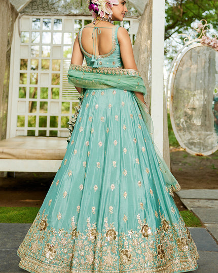 Aqua Blue Faux Chiffon Embroidered Designer Lehenga Choli