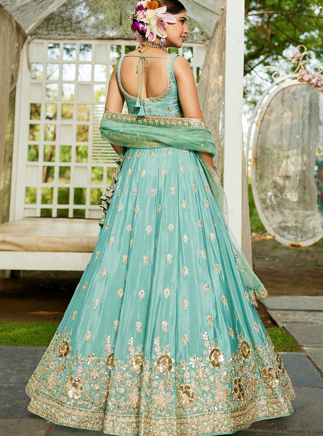 Aqua Blue Faux Chiffon Embroidered Designer Lehenga Choli