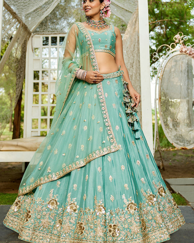 Aqua Blue Faux Chiffon Embroidered Designer Lehenga Choli