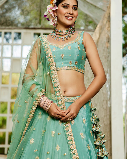 Aqua Blue Faux Chiffon Embroidered Designer Lehenga Choli